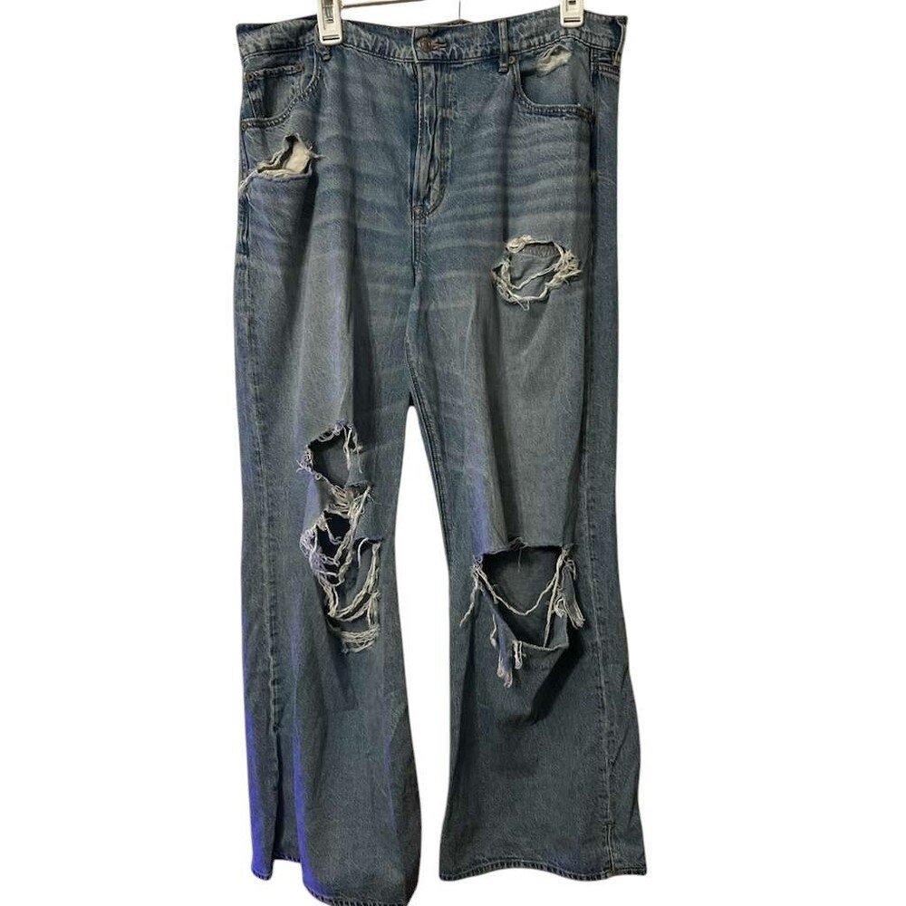 American Eagle Super High Rise Baggy Wide Leg Distressed Denim Jeans Size 14